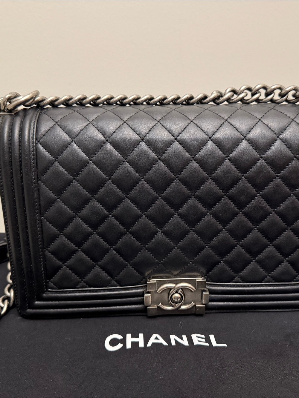 CHANEL Black Quilted Leather Boy Bag with Silver Hardware Medium